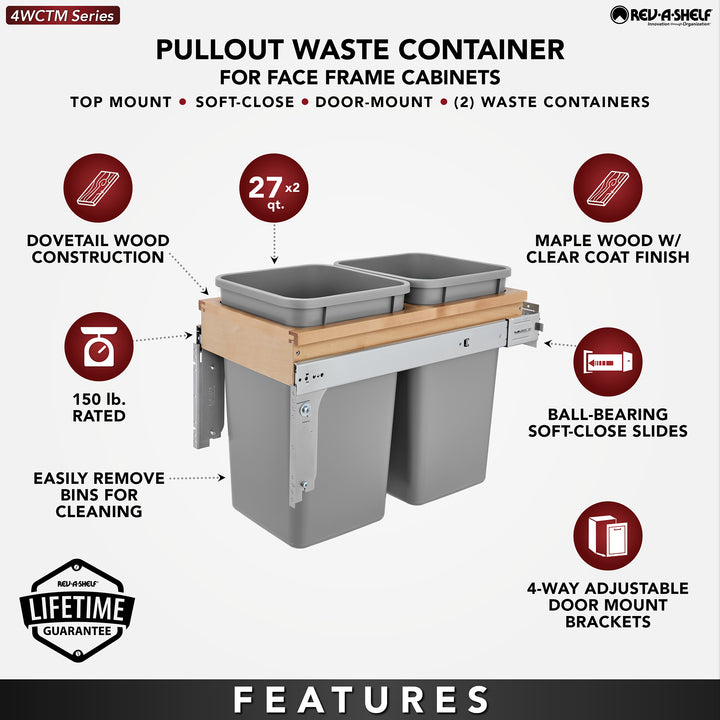 Rev-A-Shelf Double Pullout Top Mount Trash Can 27 qt., Grey, 4WCTM-15BBSCDM2