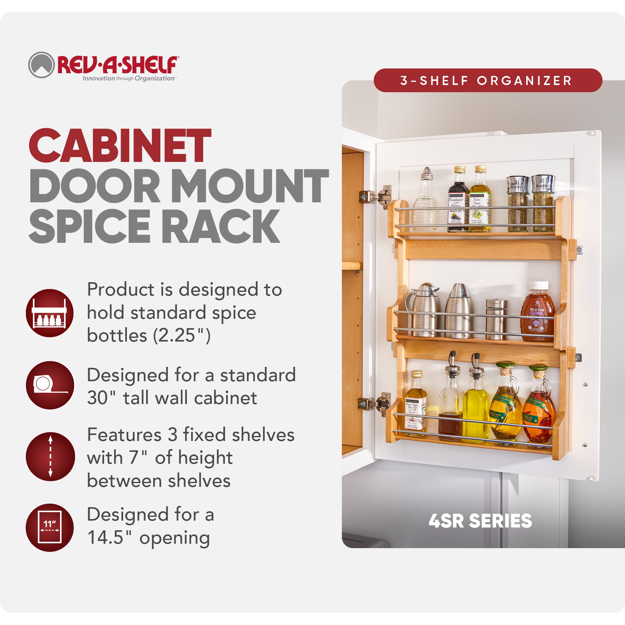 Rev-A-Shelf 4SR-18 18" Cabinet Door Mount Wood 3-Shelf Spice Rack (Open Box)