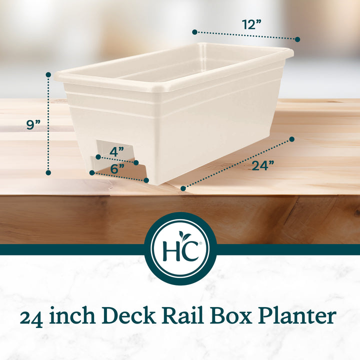 HC Companies 24 Inch Deck Rail Box Planter with Drainage Holes, 2 Pack, White