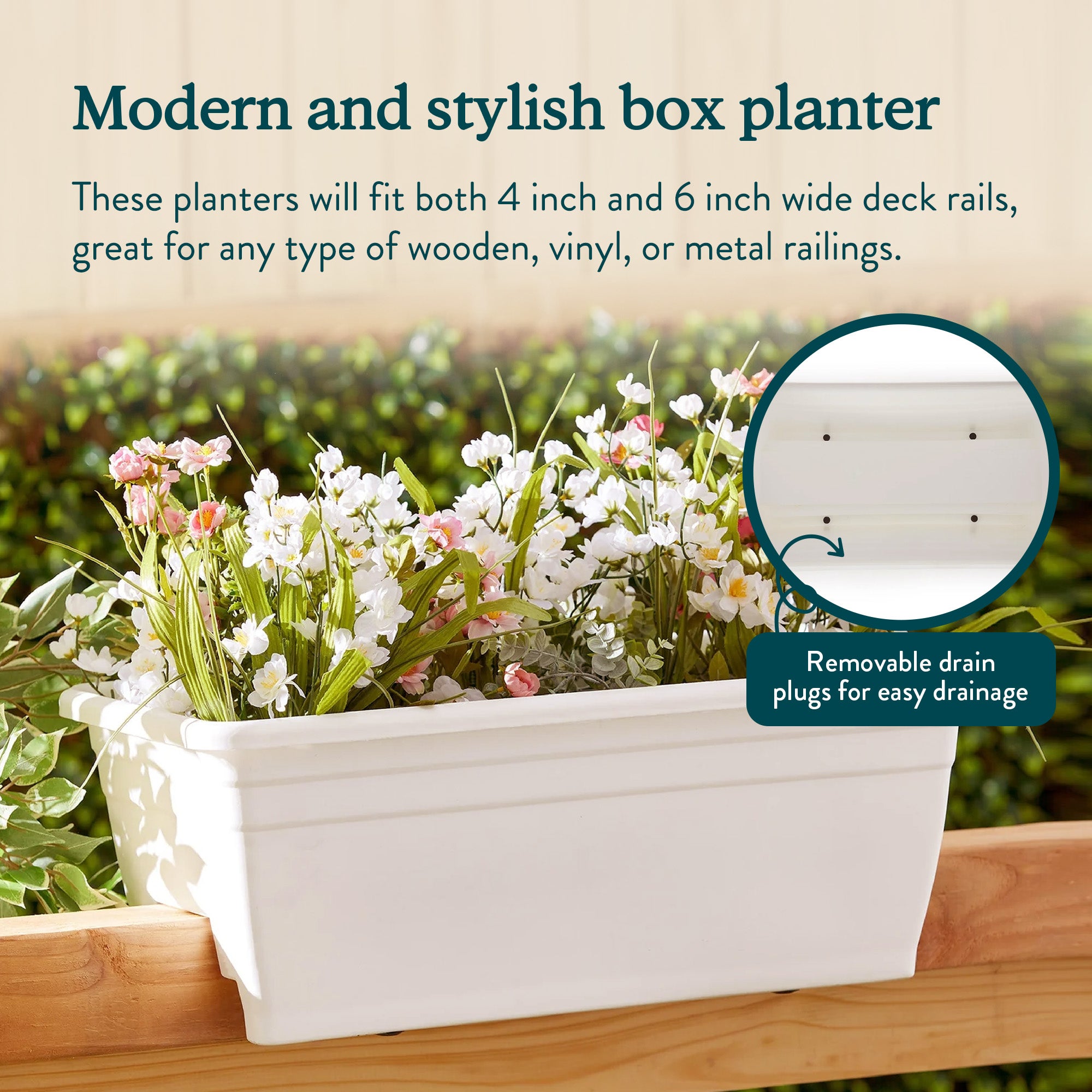 HC Companies 24 Inch Deck Rail Box Planter with Drainage Holes, 2 Pack, White - VMInnovations