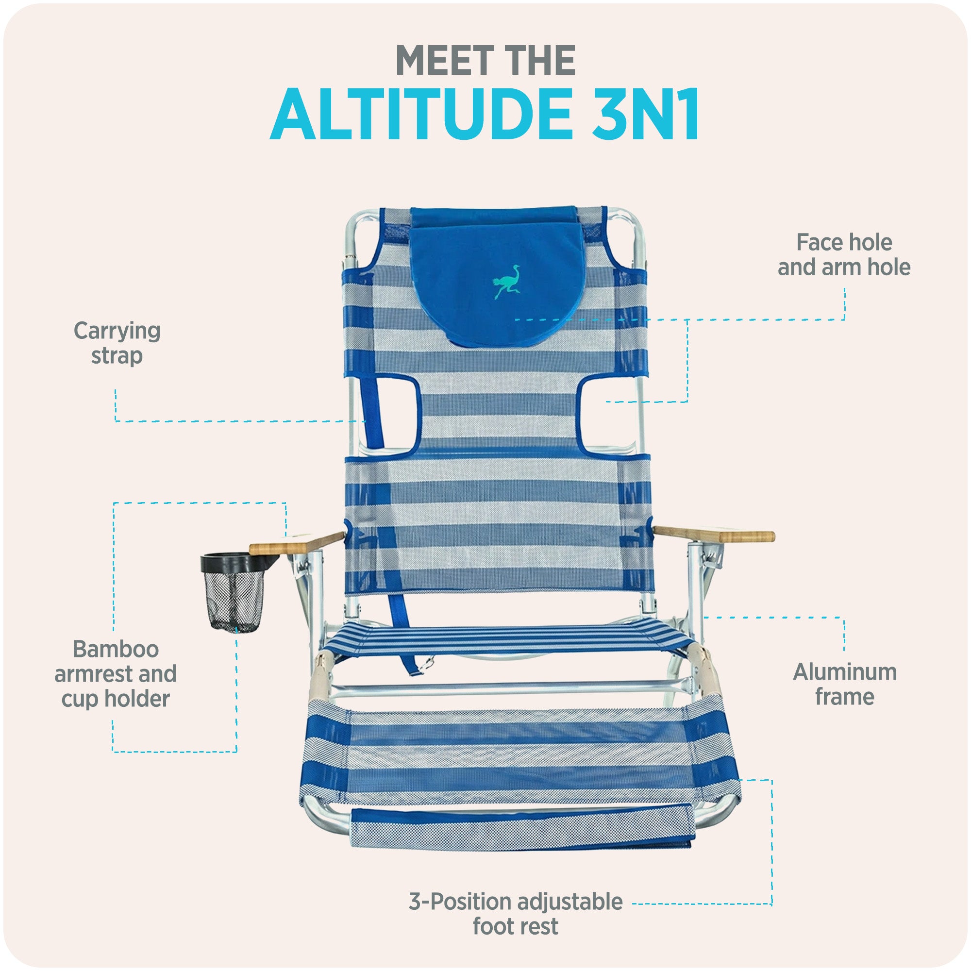 Ostrich 3-N-1 Altitude 16 Inch High Reclining Beach Lounge Chair, Blue (Damaged)