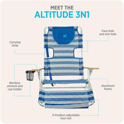Ostrich 3-N-1 Altitude 16 Inch High Outdoor Reclining Beach Lounge Chair, Blue (Refurbished)