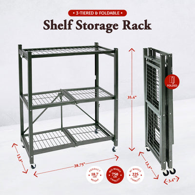 Origami R3 General Purpose Foldable 3-Tiered Shelf Storage Rack & Wheels, Pewter