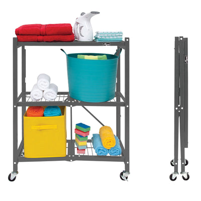 Origami R3 General Purpose Foldable 3-Tiered Shelf Storage Rack & Wheels, Pewter - VMInnovations