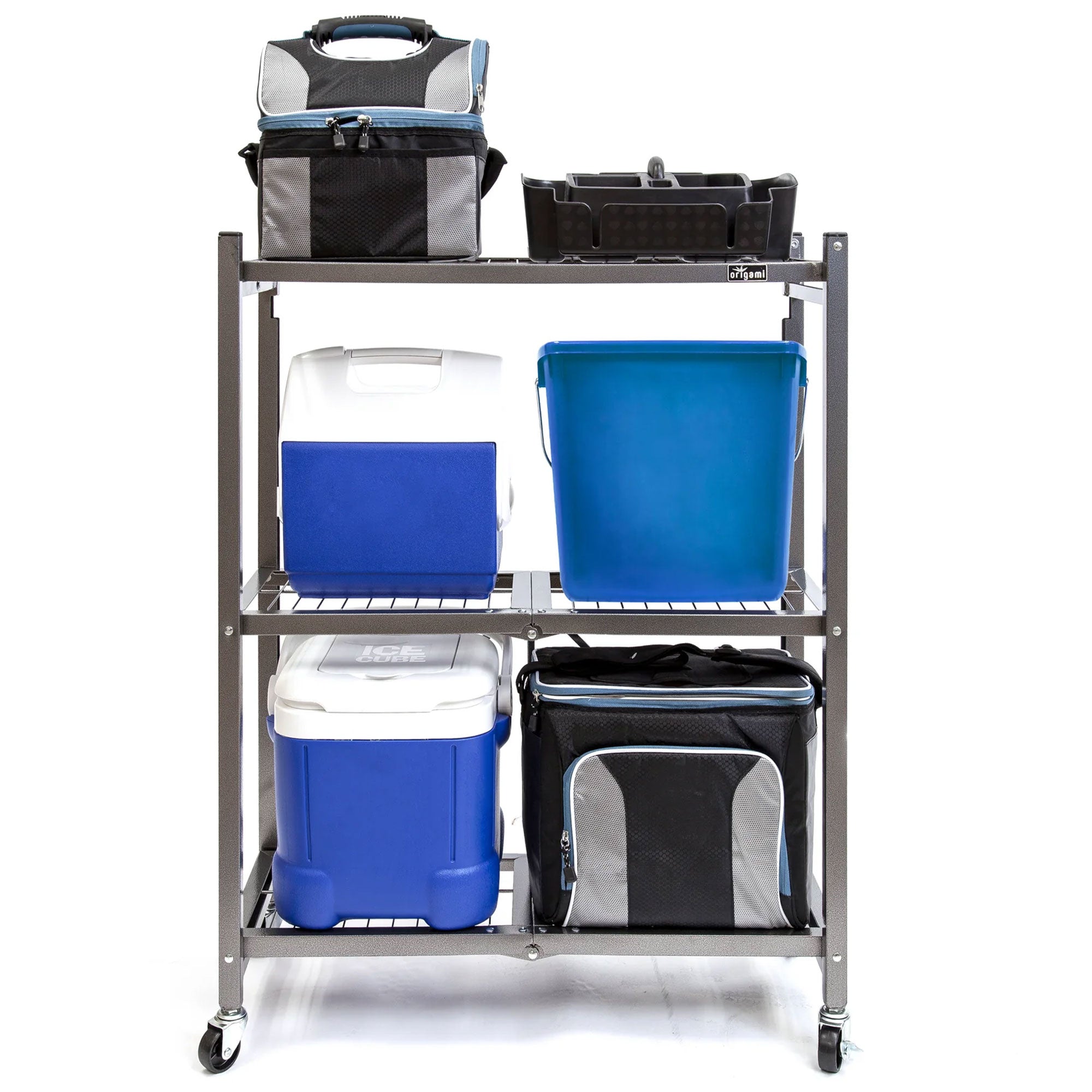 Origami R3 General Purpose Foldable 3-Tiered Shelf Storage Rack & Wheels, Pewter - VMInnovations