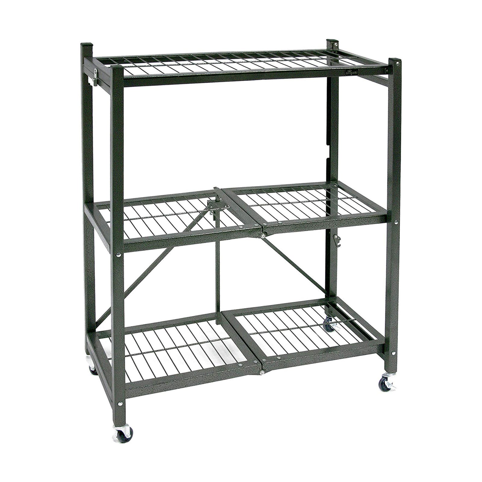 Origami R3 General Purpose Foldable 3-Tiered Shelf Storage Rack & Wheels, Pewter - VMInnovations