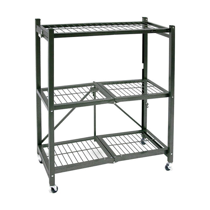 Origami R3 General Purpose Foldable 3-Tiered Shelf Storage Rack & Wheels, Pewter