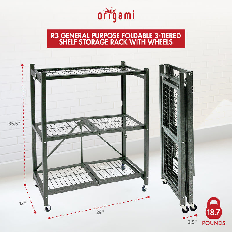 Origami R3 General Purpose Foldable 3-Tiered Shelf Storage Rack & Wheels, Pewter