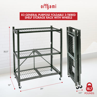Origami 3-Pack General Purpose Foldable 3-Tier Shelf Storage Racks, R3, Pewter