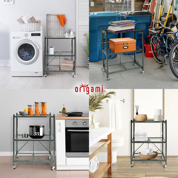 Origami R3 Foldable 3-Tiered Shelf Storage Rack & Wheels, Pewter (6 Pack) - VMInnovations