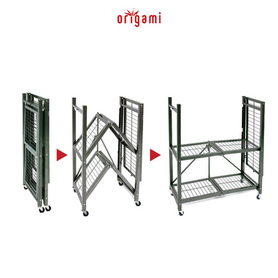 Origami R3 Foldable 3-Tiered Shelf Storage Rack & Wheels, Pewter (4 Pack)