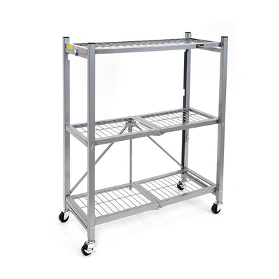 Origami R3 General Purpose Foldable 3-Tiered Shelf Storage Rack w/ Wheels, Small