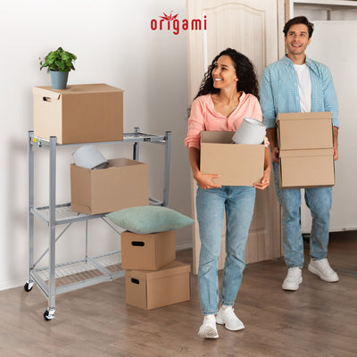 Origami R3 General Purpose Foldable 3-Tiered Shelf Storage Rack w/ Wheels, Small