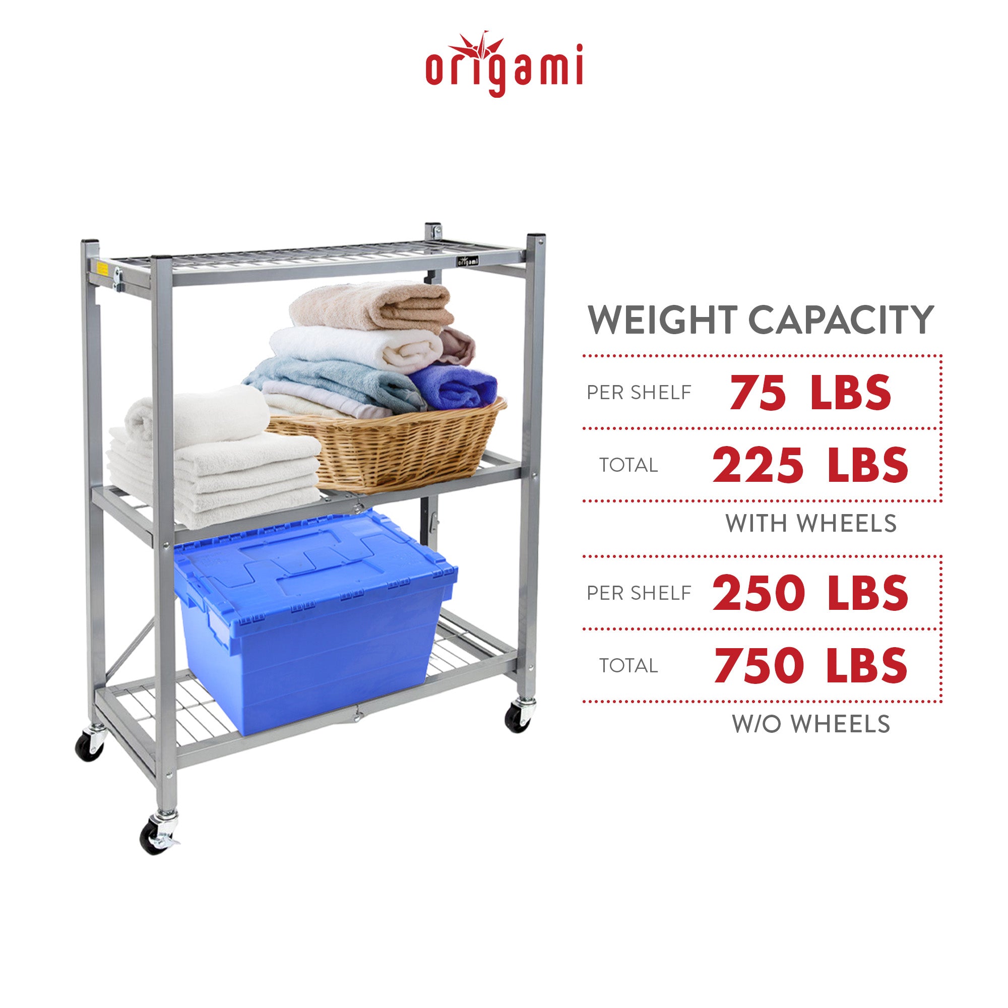 Origami R3 General Purpose Foldable 3-Tiered Shelf Storage Rack w/ Wheels, Small