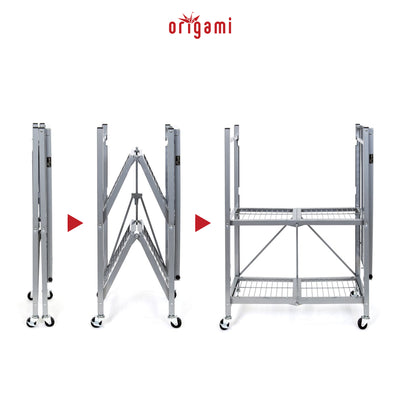 Origami R3 General Purpose Foldable 3-Tiered Shelf Storage Rack w/ Wheels, Small