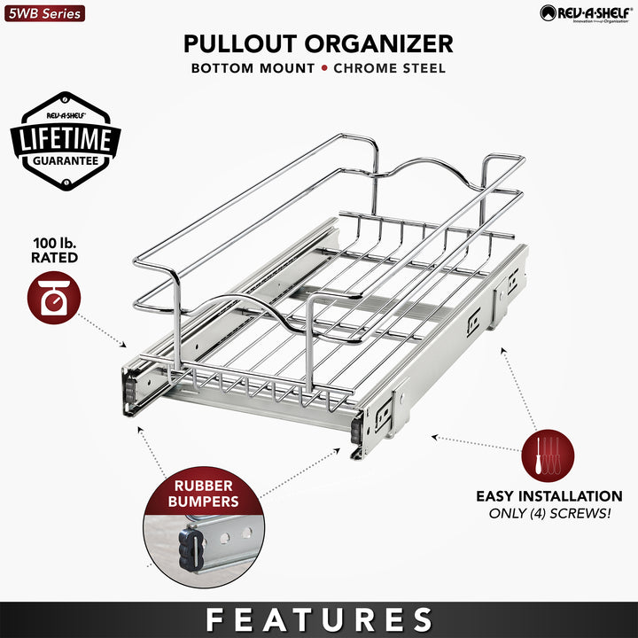 Rev-A-Shelf Kitchen Cabinet Pullout Shelf Organizer, 8.5 x 18 In, 5WB1-0918CR-1