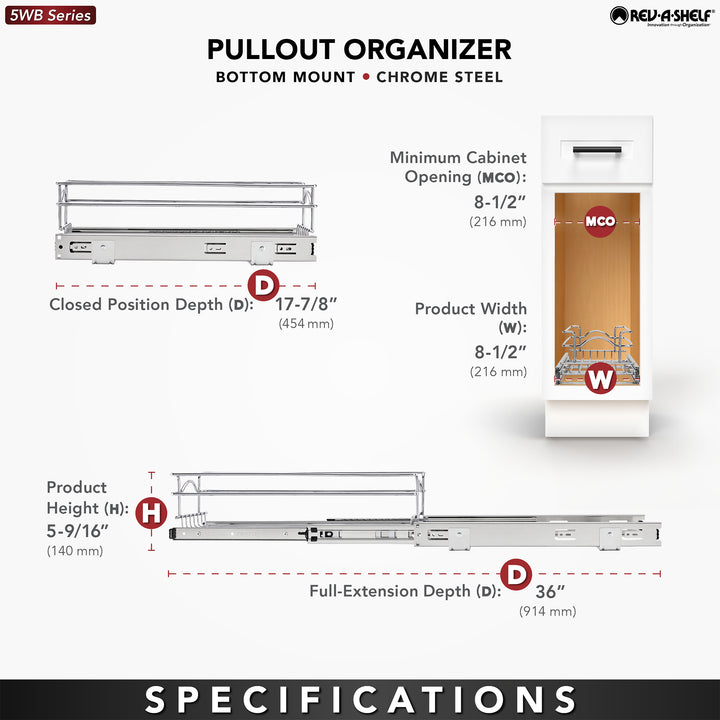Rev-A-Shelf Pullout Basket Organizer for Kitchen or Vanity Cabinets, 8.5"x18", 5WB1-0918CR-1
