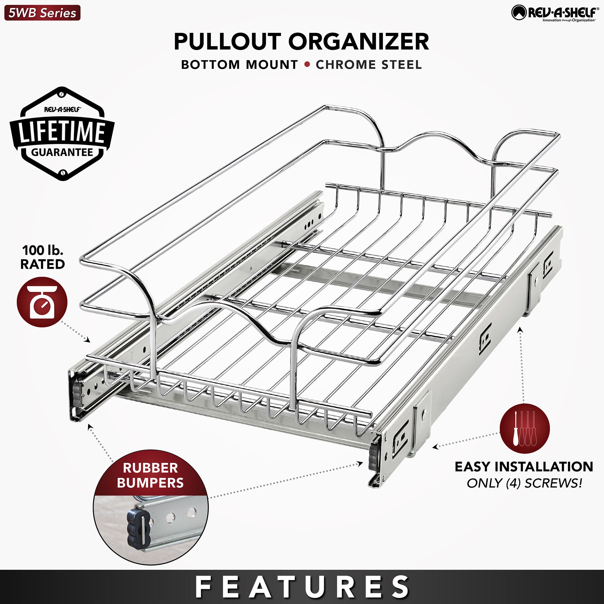Rev-A-Shelf Pullout Single Basket Organizer for Kitchen Cabinets, 12 x 22 in, 5WB1-1222CR-1