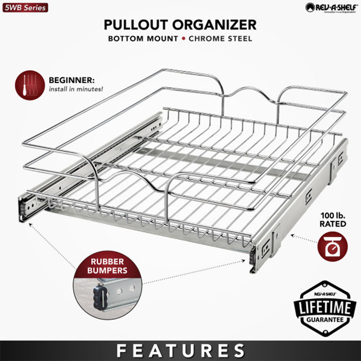 Rev-A-Shelf Pullout Single Basket Organizer for Kitchen Cabinets, 18 x 22 In, 5WB1-1822CR-1