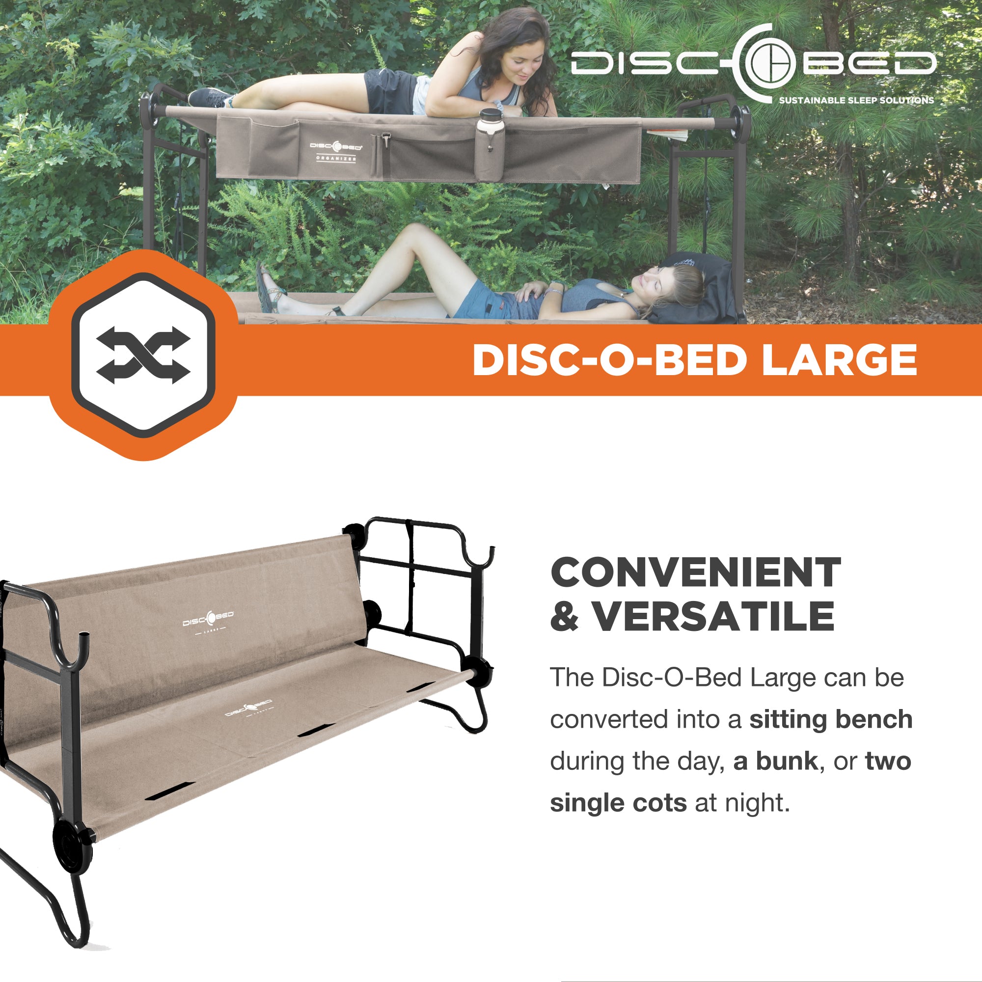 Disc-O-Bed Large Cam-O-Bunk Bench Bunked Double Cot with Organizers (Open Box) - VMInnovations