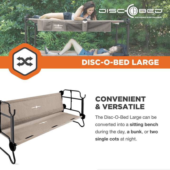 Disc-O-Bed Large Cam-O-Bunk Benchable Double Cot with Storage Organizers, Tan - VMInnovations