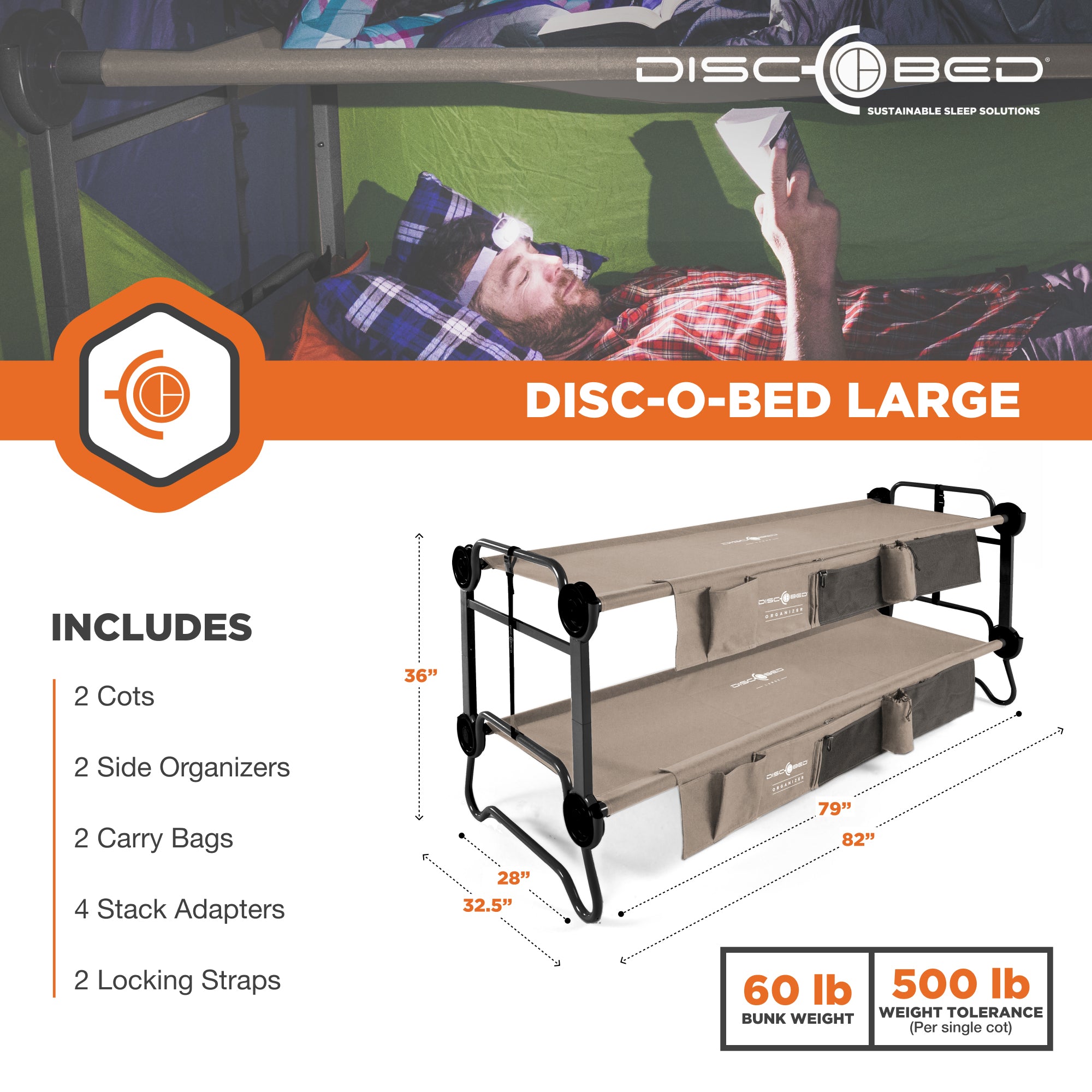 Disc-O-Bed Large Cam-O-Bunk Bunked Double Camping Cot with Organizers, Tan(Used) - VMInnovations