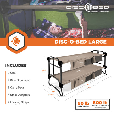 Disc-O-Bed Large Cam-O-Bunk Bunked Double Camping Cot with Organizers, Tan(Used) - VMInnovations