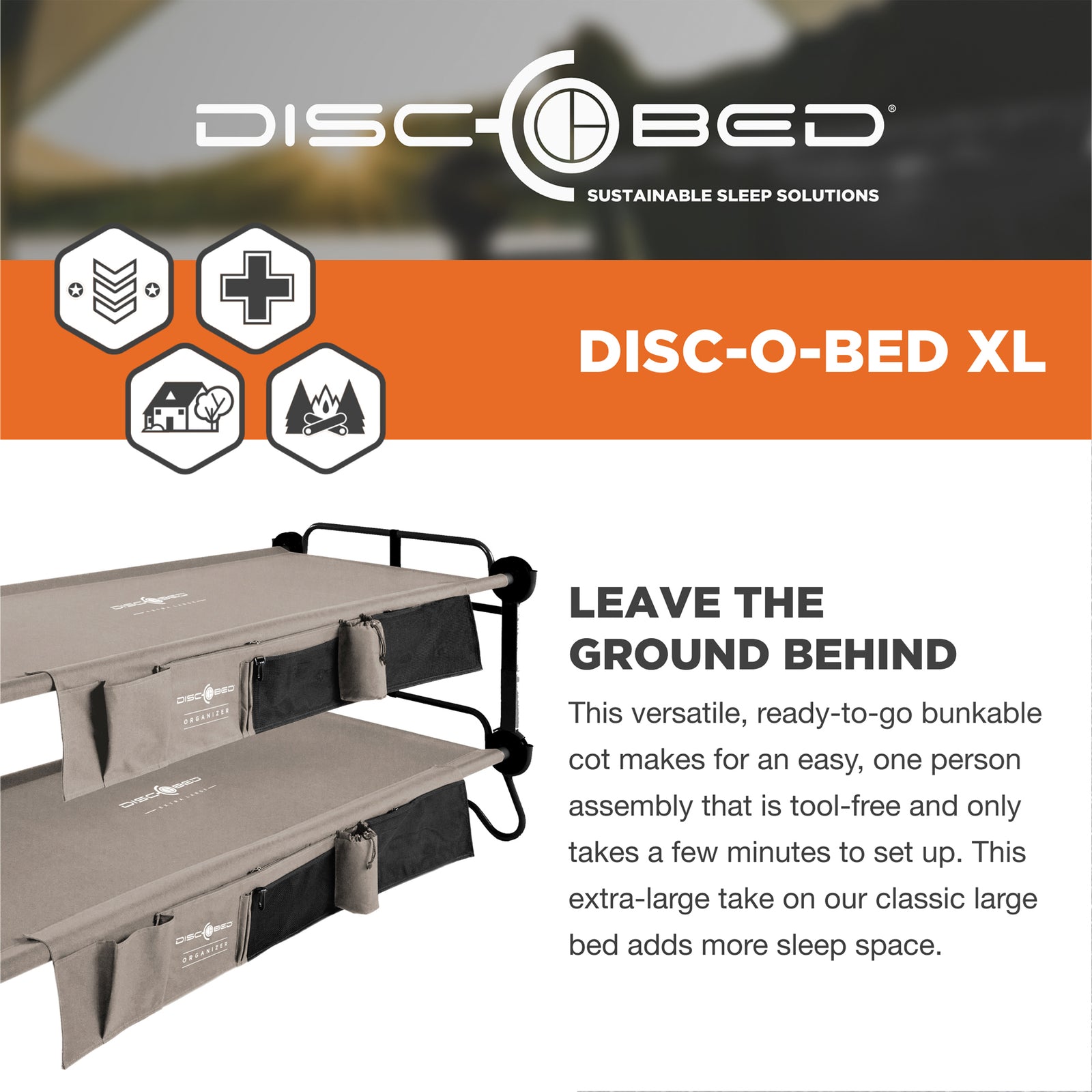 Disc-O-Bed X Large Cam-O-Bunk Benchable Double Cot with Storage Organizers, Tan - VMInnovations