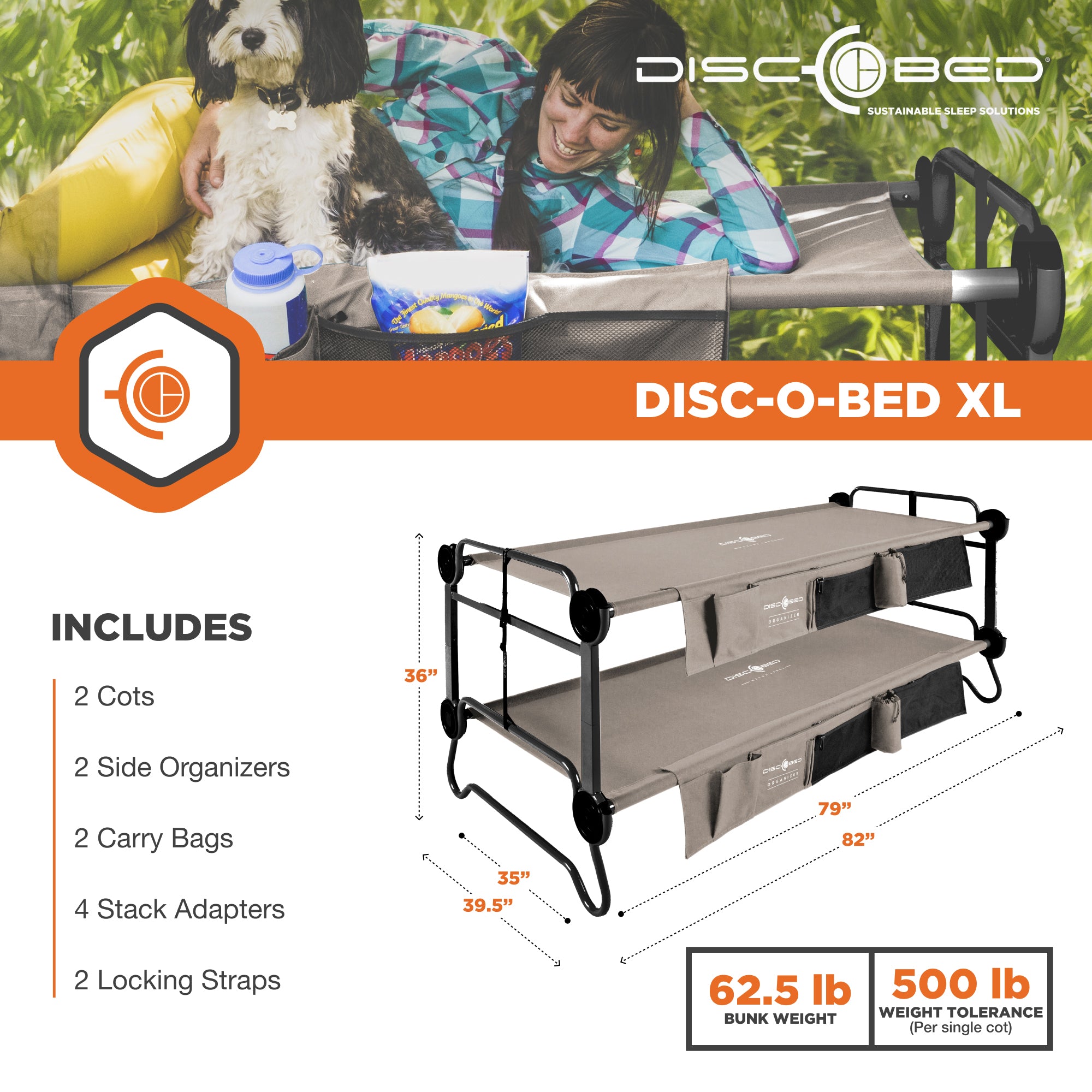 Disc-O-Bed XL Cam-O-Bunk Bench Bunked Double Cot with Organizers, Tan (Used) - VMInnovations