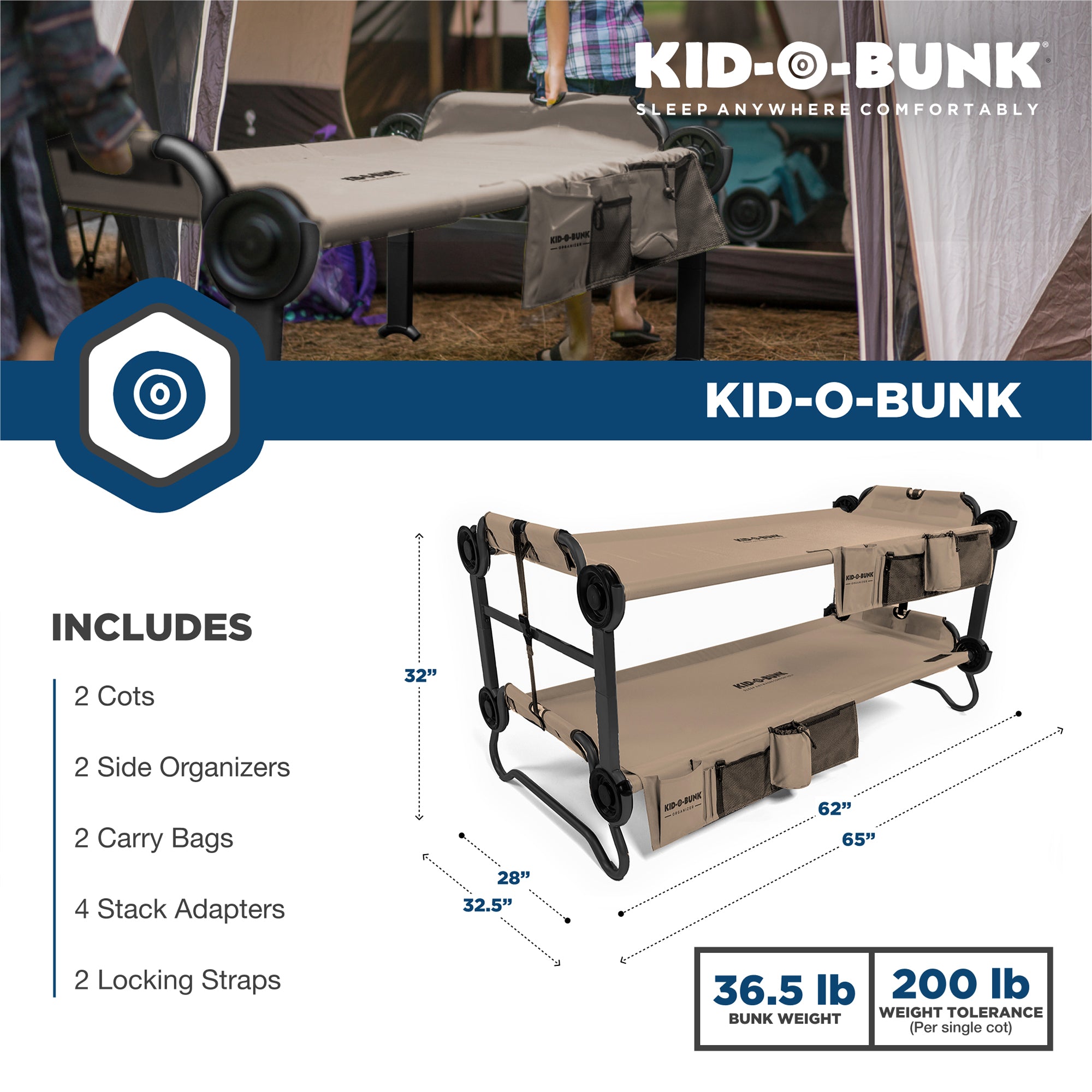 Disc-O-Bed Youth Kid-O-Bunk Bench Bunked Double Camping Cot, Tan (For Parts) - VMInnovations
