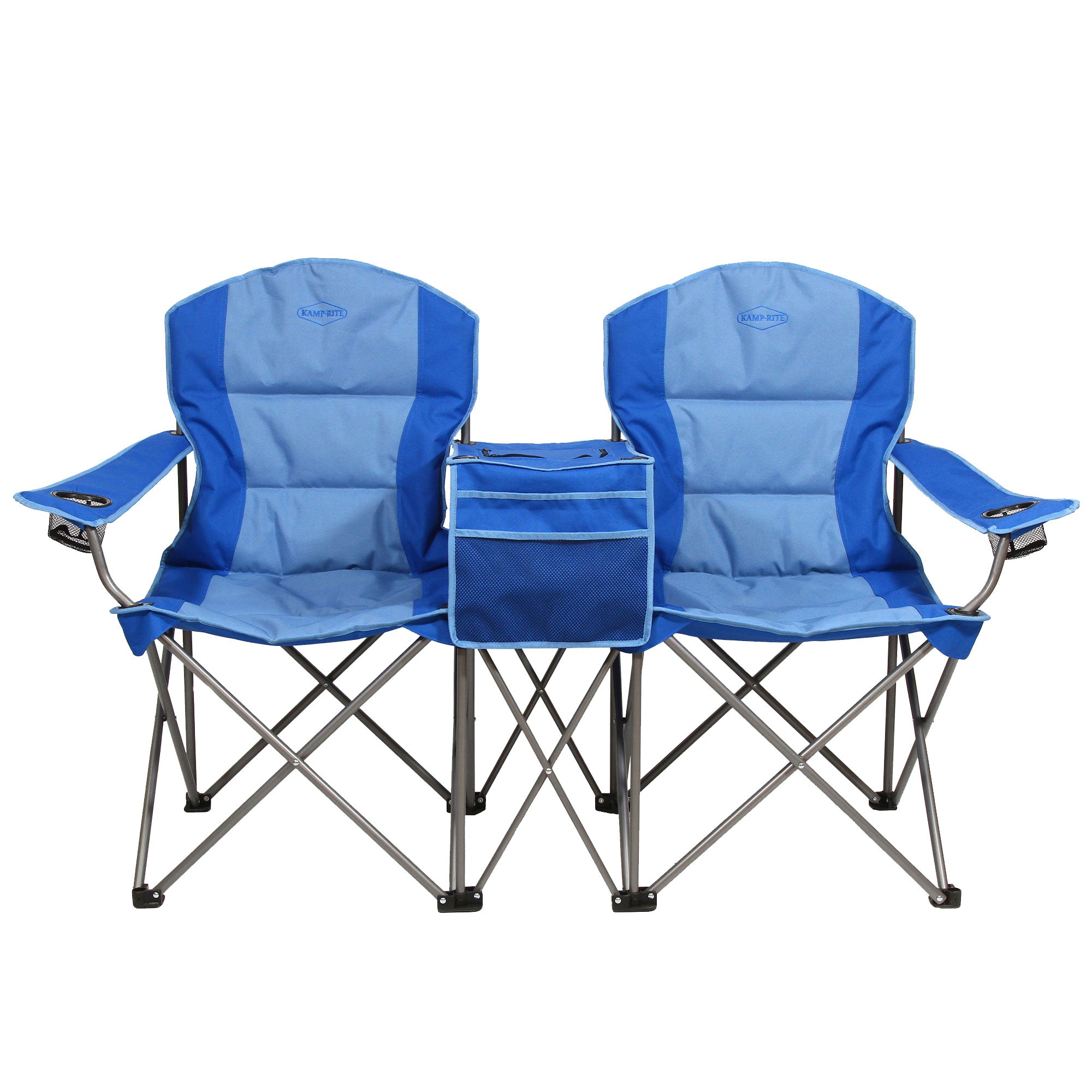 Kamp-Rite Portable Folding Padded Outdoor Double Camping Chair with Cooler, Blue