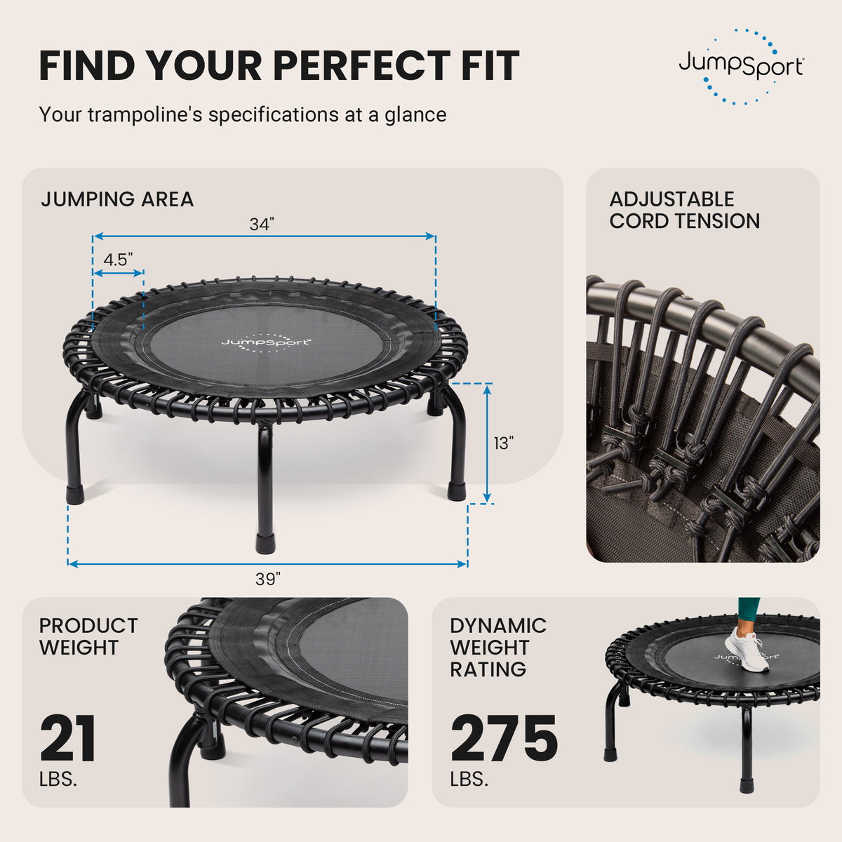 JumpSport 350 Indoor Lightweight 39-Inch Fitness Trampoline, Black (Used)