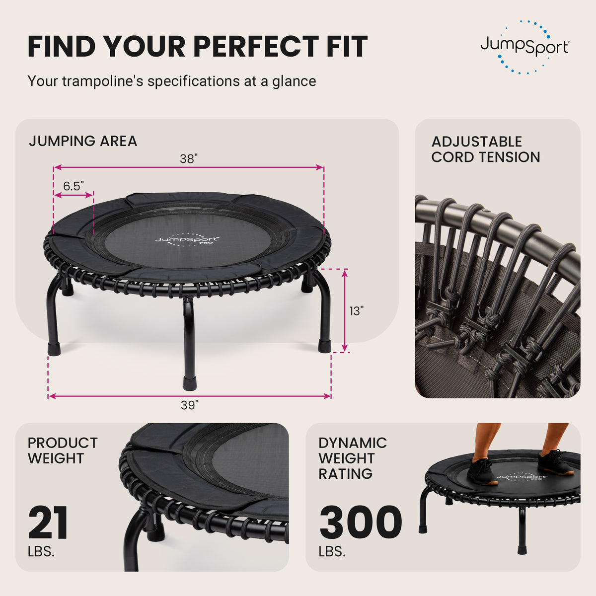 JumpSport 370 PRO Indoor Lightweight 39-Inch Fitness Trampoline, Black(Open Box)