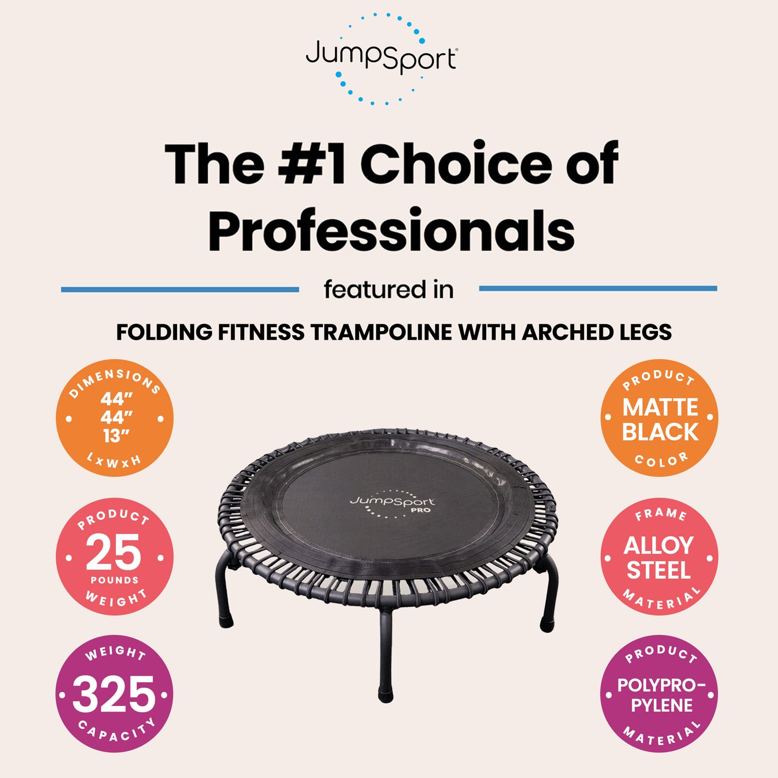 JumpSport 550f PRO Indoor Lightweight 44 Inch Folding Fitness Trampoline, Black - VMInnovations