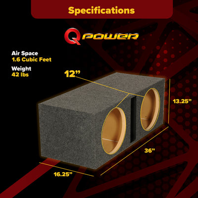 QPower QBASS Dual 12 Inch Heavy Duty Car Audio Subwoofer Enclosure Box, Charcoal - VMInnovations