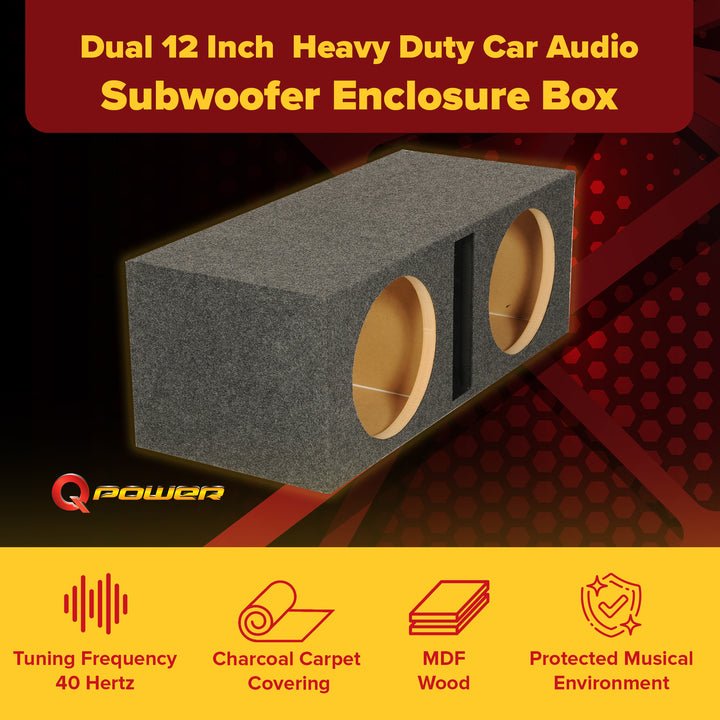 QPower QBASS Dual 12 Inch Heavy Duty Car Audio Subwoofer Enclosure Box, Charcoal