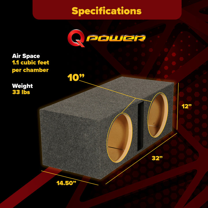 Q-POWER QBASS10 Dual 10" Vented Port Subwoofer Sub Box Enclosure (Open Box)