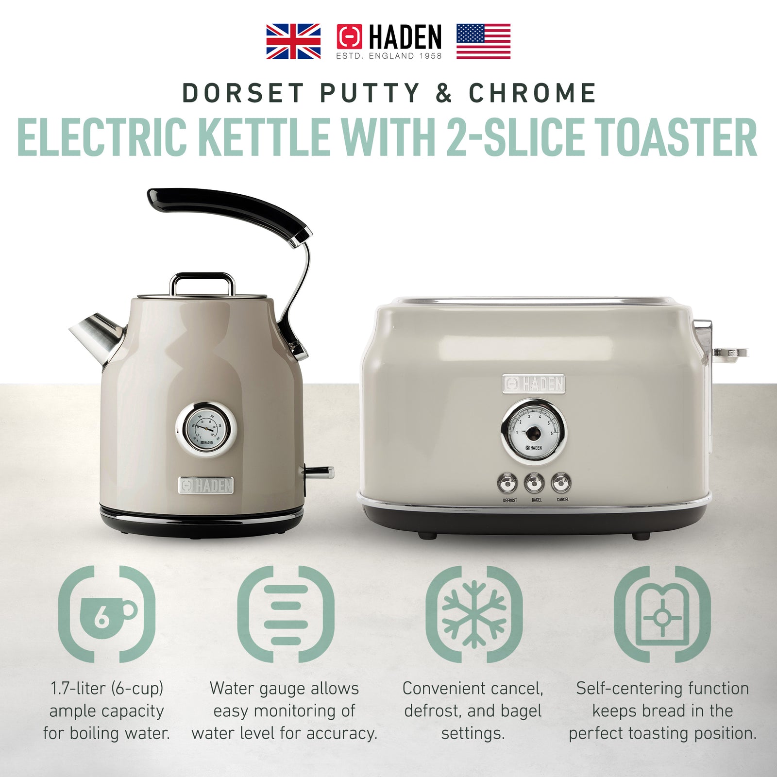 Haden Dorset 2 Slice Wide Slot Toaster & Electric Water Kettle, Putty & Chrome - VMInnovations