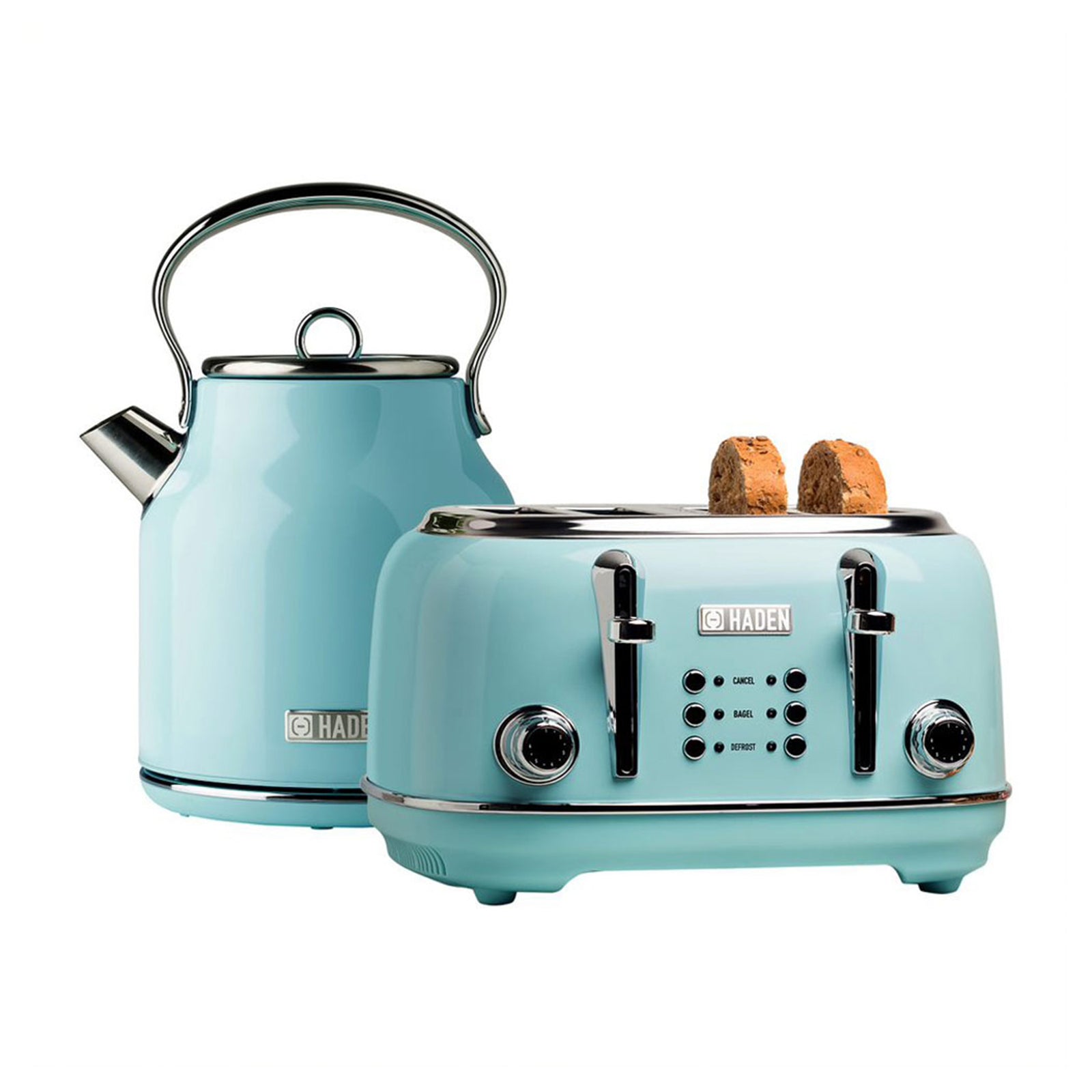 Haden Heritage 4 Slice Wide Slot Toaster & Electric Kettle, Turquoise & Chrome - VMInnovations