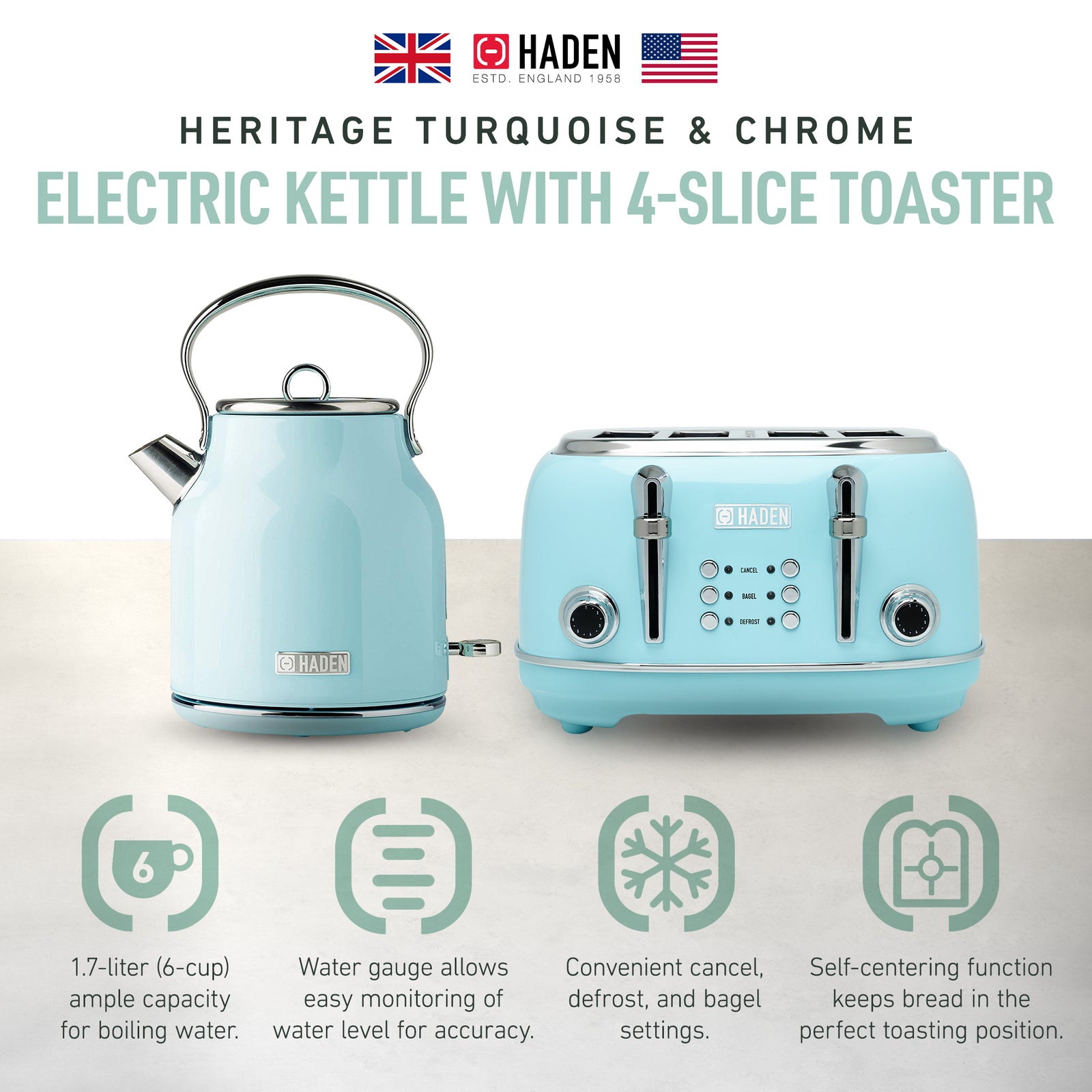 Haden Heritage 4 Slice Wide Slot Toaster & Electric Kettle, Turquoise & Chrome - VMInnovations