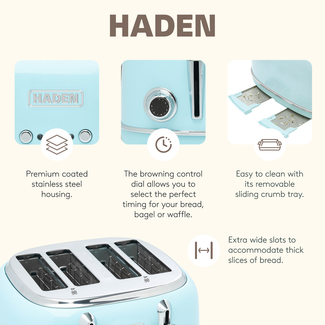 Haden Heritage 4 Slice Wide Slot Toaster & Electric Kettle, Turquoise & Chrome