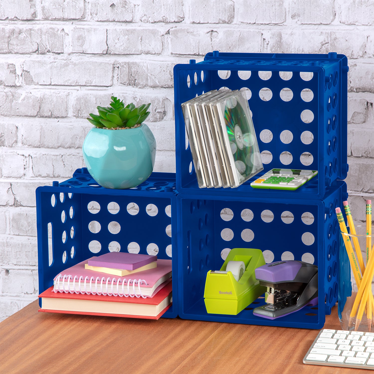 Sterilite Stackable Mini Storage Crate Organizers with Handles, Blue, (24 Pack)