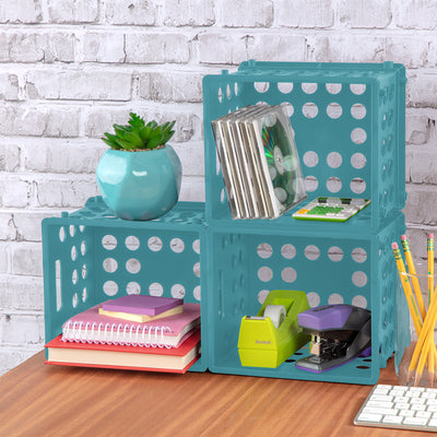 Sterilite Stackable Mini Storage Crate Organizers with Handles, Teal, (24 Pack)