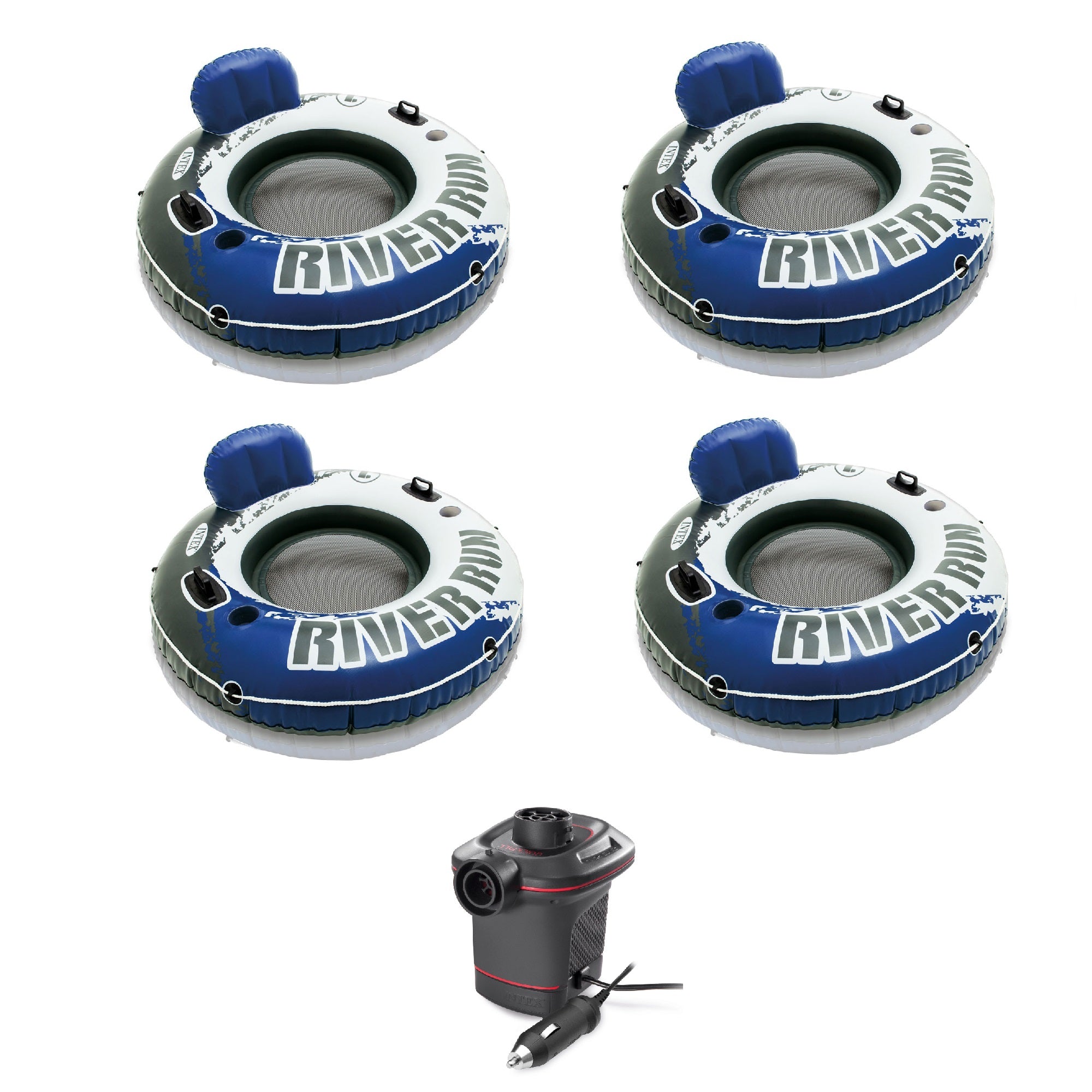 Intex 4 Pack of River Run 1 Person Floating Tubes and Single 12 Volt Air Pump