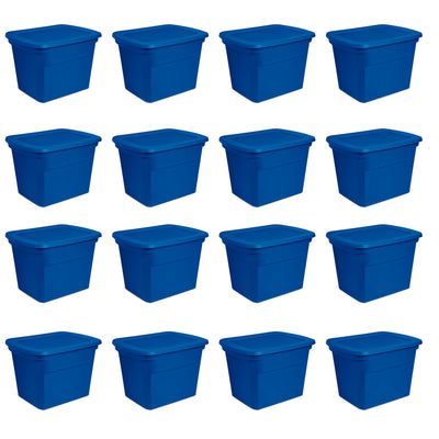 Sterilite 18 Gallon Plastic Stackable Storage Tote w/ Lid, Blue Morpho, 16 Pack