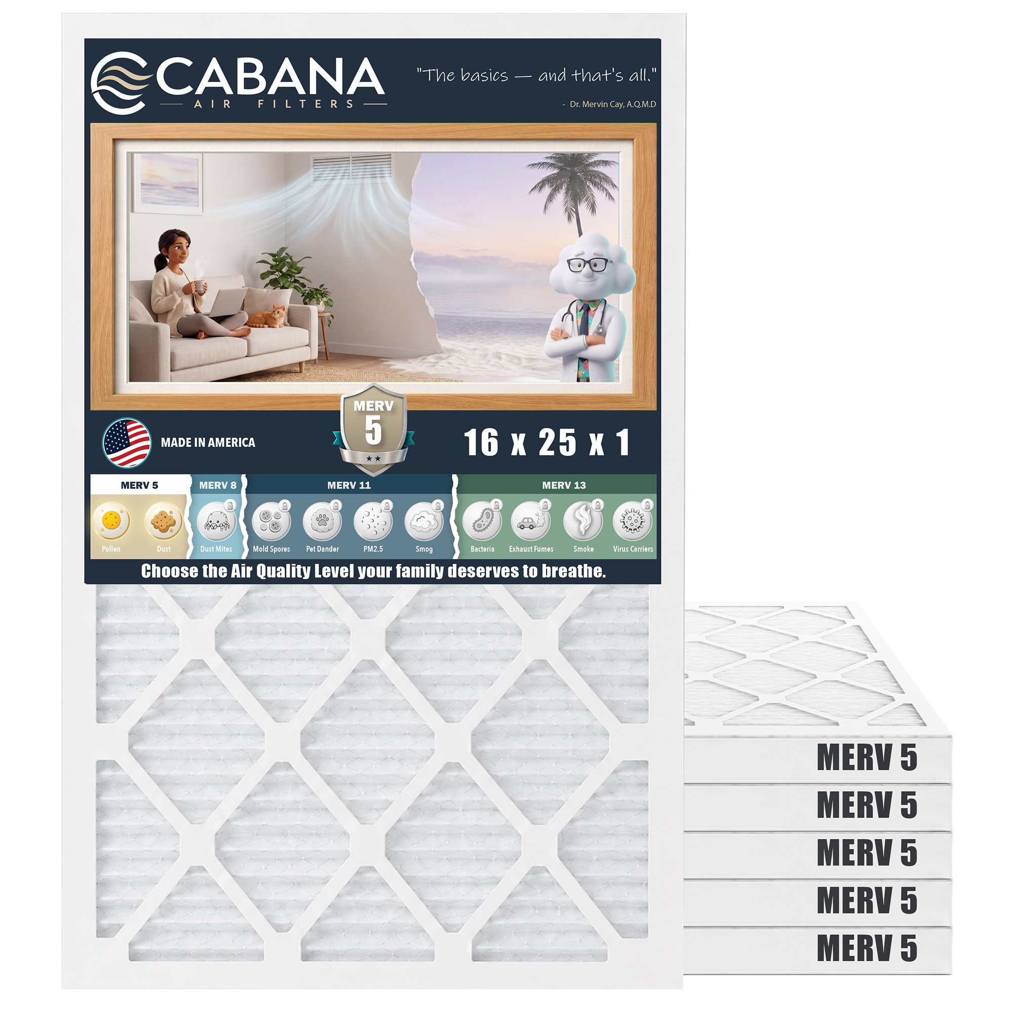 Cabana Air Filters 6 Pack HVAC Furnace Air Filters, MERV 5, 16 x 25 x 1, White - VMInnovations