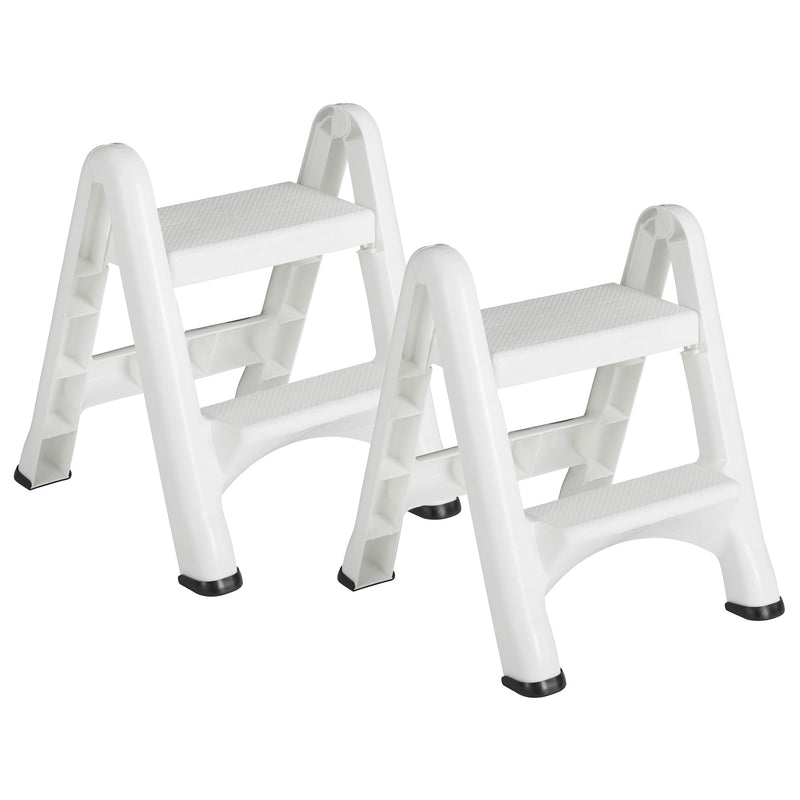 Rubbermaid EZ Two Step Durable Folding Plastic Ladder Step Stool, White (2 Pack)