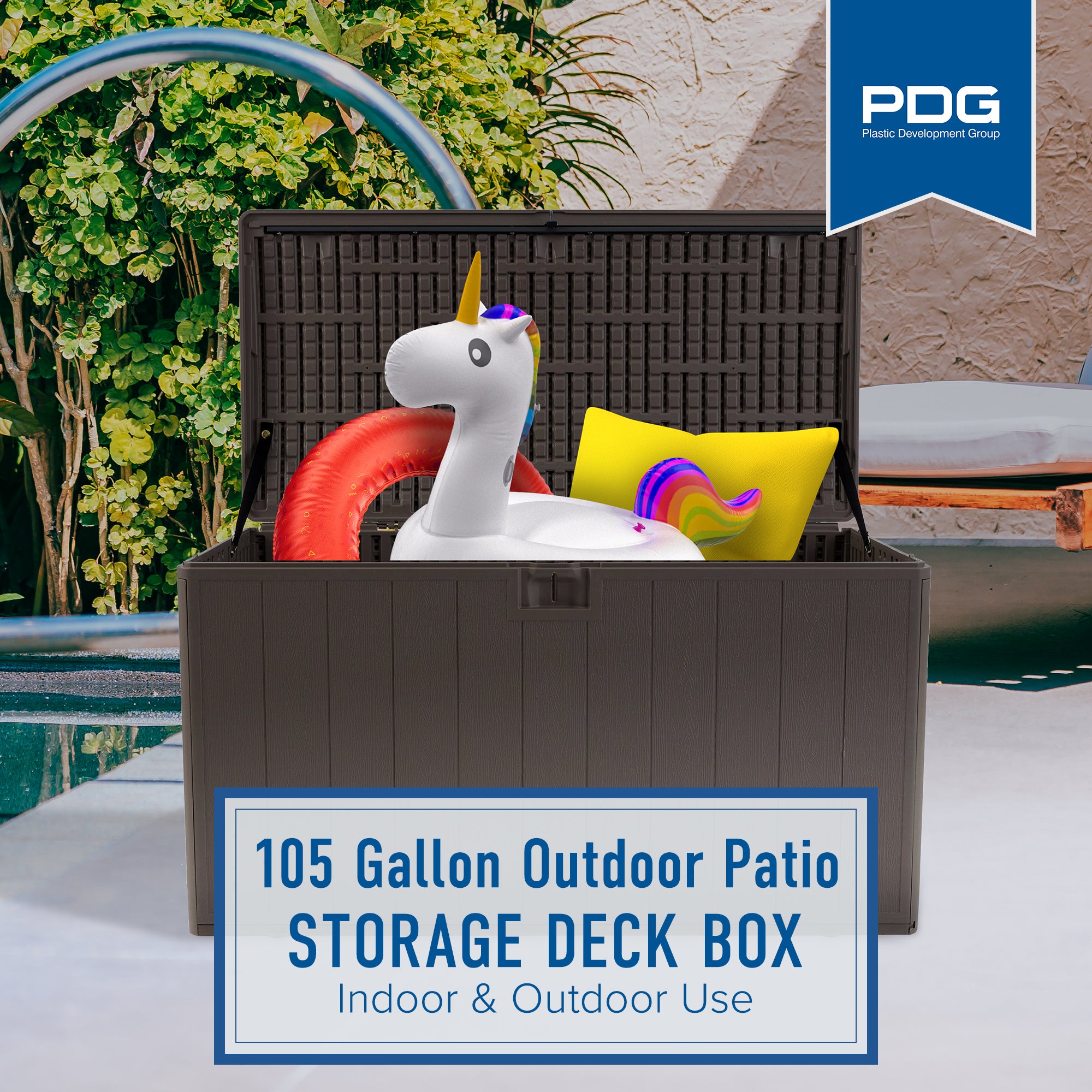 Plastic Development Group 105-Gal Patio Storage Deck Box, Driftwood (Open Box) - VMInnovations