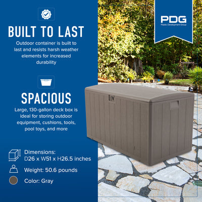 Plastic Development Group 130 Gallon Resin Outdoor Patio Storage Deck Box, Gray