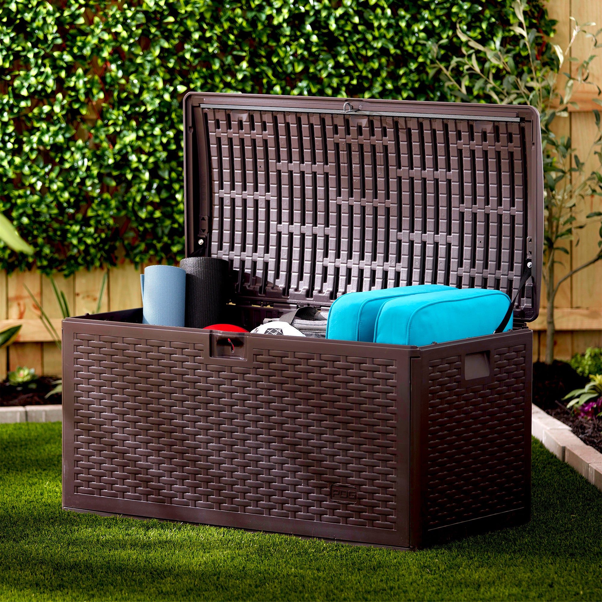 Plastic Development Group 73 Gallon Resin Storage Deck Box, Java Brown(Open Box) - VMInnovations